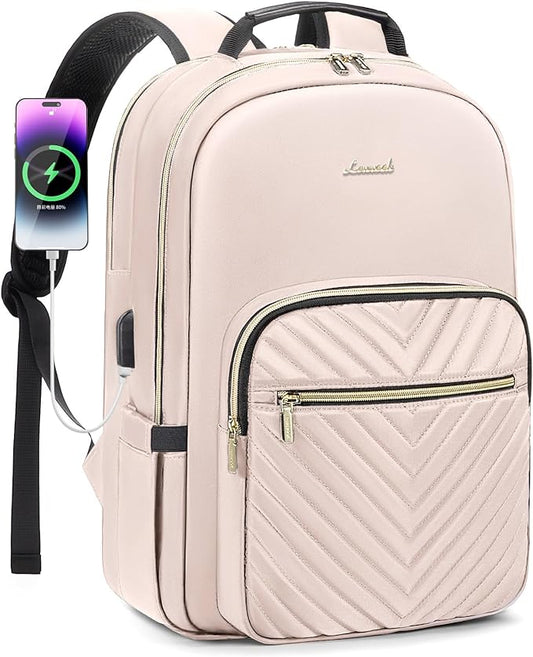 LOVEVOOK Laptop Backpack for Women 15.6 inch,Cute Womens Travel Purse,Professional Computer Bag,Waterproof Work Business College Teacher Bags Carry on with USB Port,Nude