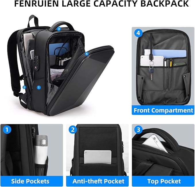 FENRUIEN Anti Theft Laptop Backpack for Men, Expandable Water Resistant Hardshell Backpack with USB Port, Black Business Travel Computer Bag 15.6 Inch