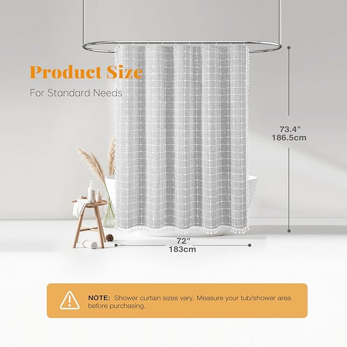 BTTN Boho Farmhouse Shower Curtain, Linen Rustic Heavy Duty Fabric Shower Curtain Set with Tassel, Water Repellent, Bohemian Vintage Country Thick Cloth Shower Curtains for Bathroom, Gray/Grey, 72x72