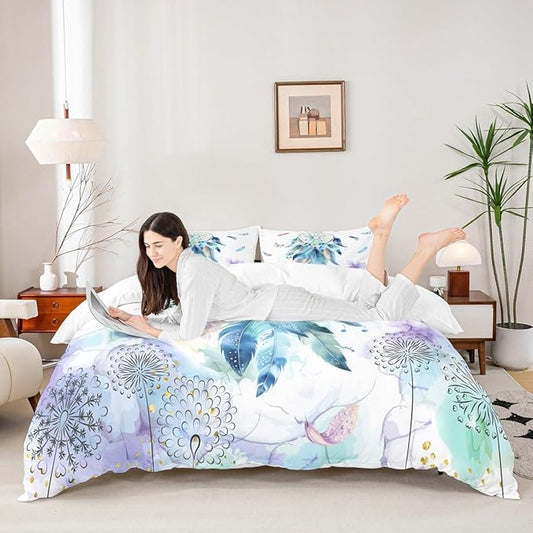 Girly Dream Catcher Duvet Cover Queen,Watercolor Feather Butterflies Retro Farmhouse Style Super Bedding Set,Wild Dandelion Colorful Marble Texture Comforter Cover Bedding 3 Piece (No Comforter)
