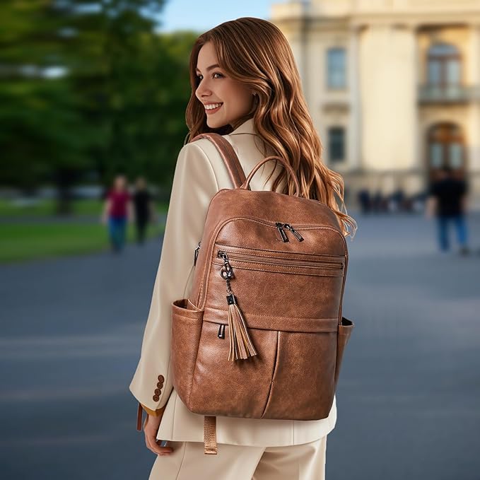 Leather Laptop Backpack for Women, 15.6" Causal Daypack Backpacks Purse Computer Backpack with Laptop Compartment for Travel Work College Business, Brown