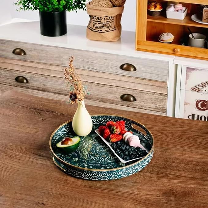 Round Serving Tray with Handles - Large Round Ottoman Tray Coffee Table Tray,Plastic Decorative Trays for Coffee Table,Boho Ottoman Trays for Living Room