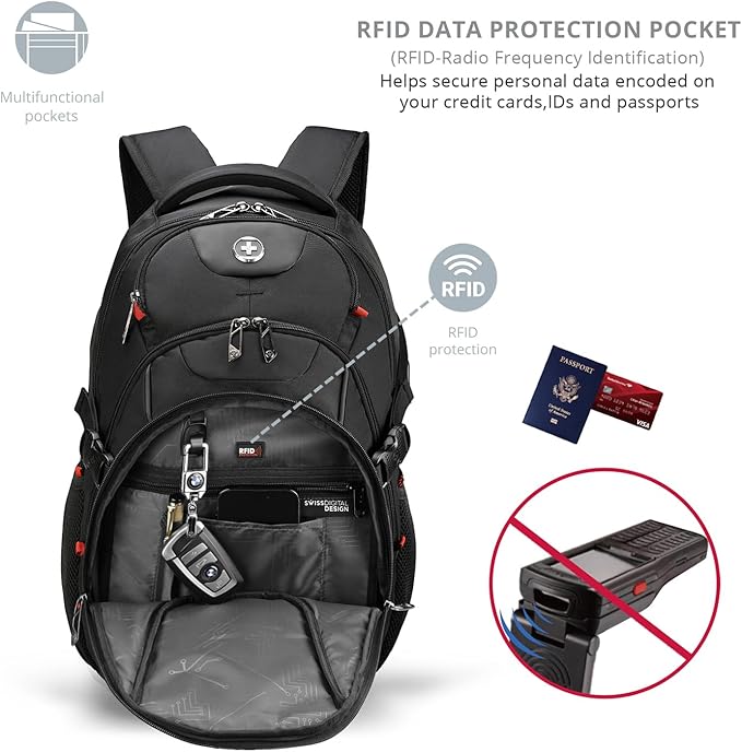 Swissdigital Design Travel Backpack for Men with Apple Find My, Laptop Backpack with USB Charging Port, RFID Protection, Add-A-Bag System - Travel Backpack for Men-Finder Color Random