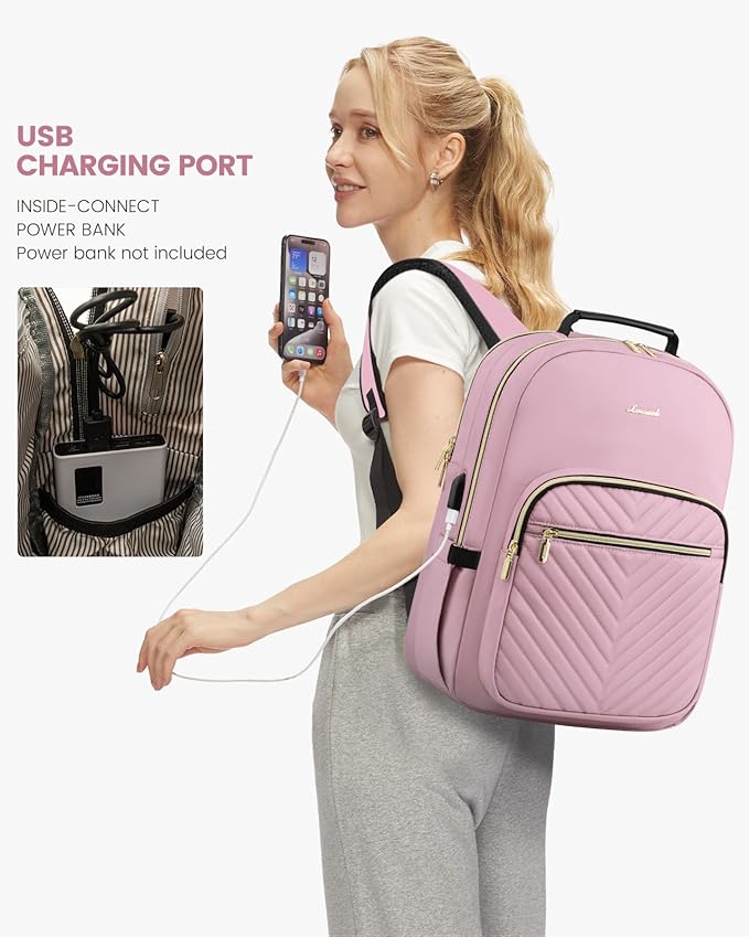 LOVEVOOK Laptop Backpack Purse for Women, Work Travel Computer Bags, College School Backpack for Student Girl, Quilted Casual Daypack with USB Port, Fit 15.6 Inch Laptop, Light Pink