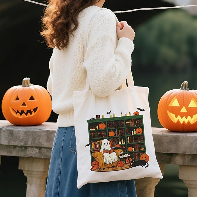 Halloween Canvas Tote Bag Vintage Ghost Canvas Bag Cute Funny Trick Or Treat Reusable Cotton Bag Shopping Tote Handbag For Women Holiday Grocery Beach Handbag With Shoulder