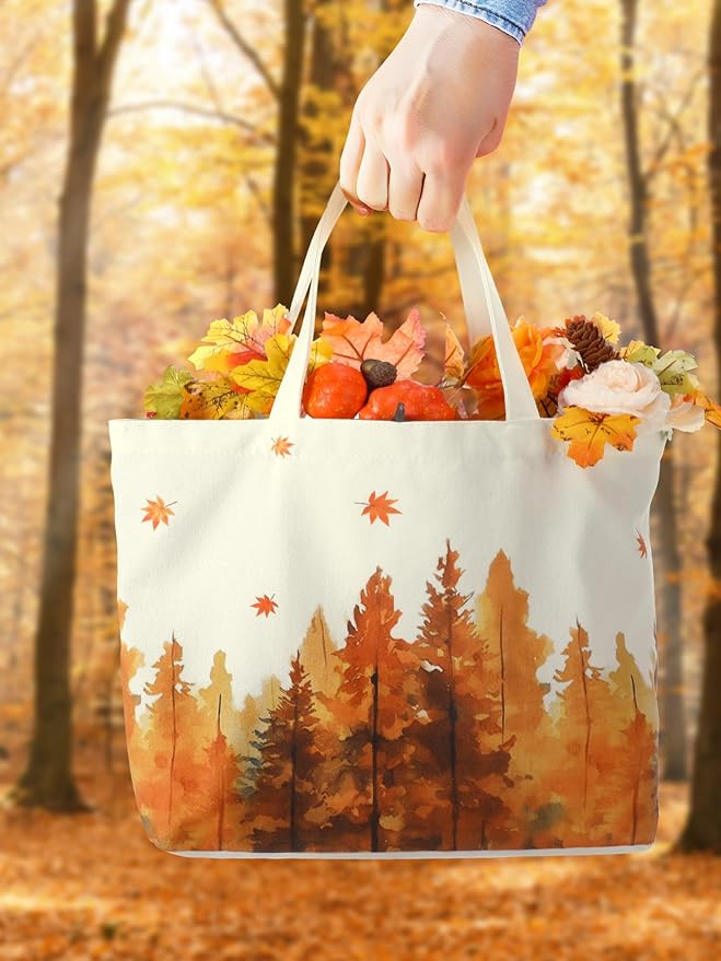 Bencailor 2 Pcs Fall Canvas Tote Bag Thanksgiving Pumpkin Maple Leaf Tote Pouch Cute Aesthetic Reusable Grocery Bag for Women