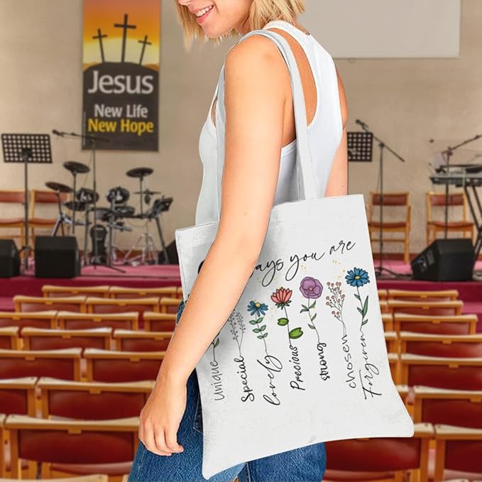 2 Pack Christian Bible Canvas Tote Bag for Women with Makeup Bag Gods Says You Are Bags Floral Tote Bag Aesthetic