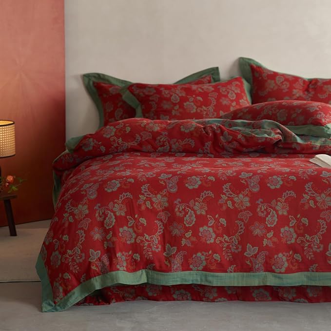 mixinni Exquisite Vintage Red Floral Duvet Cover King Size Yarn-Dyed Jacquard Textured Design Duvet Cover Set with Green Edge Design Premium Muslin Cotton-Linen Bedding Set for All Season-King Size