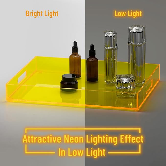 16"x12" Large Acrylic Serving Tray Decorative Ottoman Coffee Table Vanity Tray Tea Fruit Platter Snack Appetizer Dessert Drink with Handles for Bar Kitchen Party, Neon Yellow