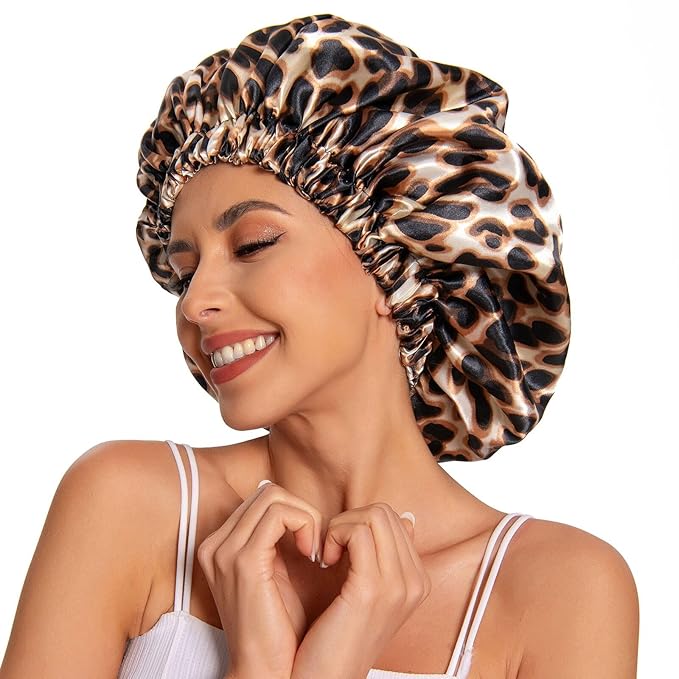 Satin Bonnet Silk Bonnet Hair Bonnet for Sleeping-Slouchy Beanie Hat Satin Sleep Cap for Women's Natural & Curly Hair(Leopard)