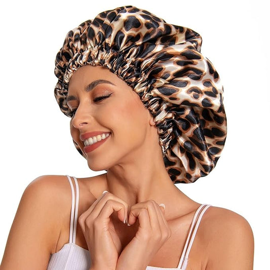 Satin Bonnet Silk Bonnet Hair Bonnet for Sleeping-Slouchy Beanie Hat Satin Sleep Cap for Women's Natural & Curly Hair(Leopard)