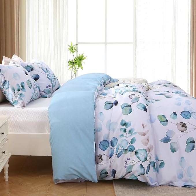 MUXHOMO Duvet Cover King Size, Reversible Floral Blue Duvet Cover Set with Zipper Closure, 3 Pieces Botanical Patterns Soft Microfiber Bedding Set (90"x104", 2 Pillow Cases 20"×36")