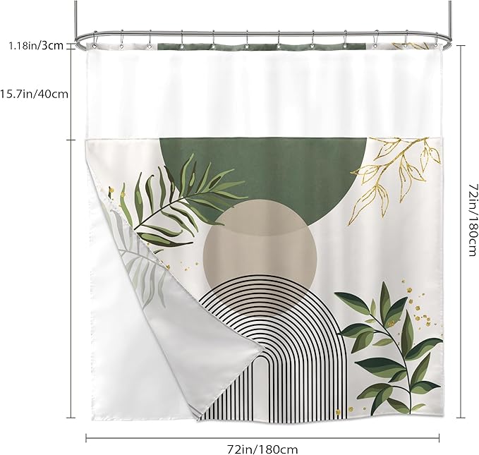 Sage Green Boho Shower Curtain with Snap in Liner Modern Mid Century Abstract Minimalist Gold Leaves Plant Sun Geometric Arch 72Wx72H Bathroom Decor Bath Curtain Fabric Polyester 12 Pack Hooks