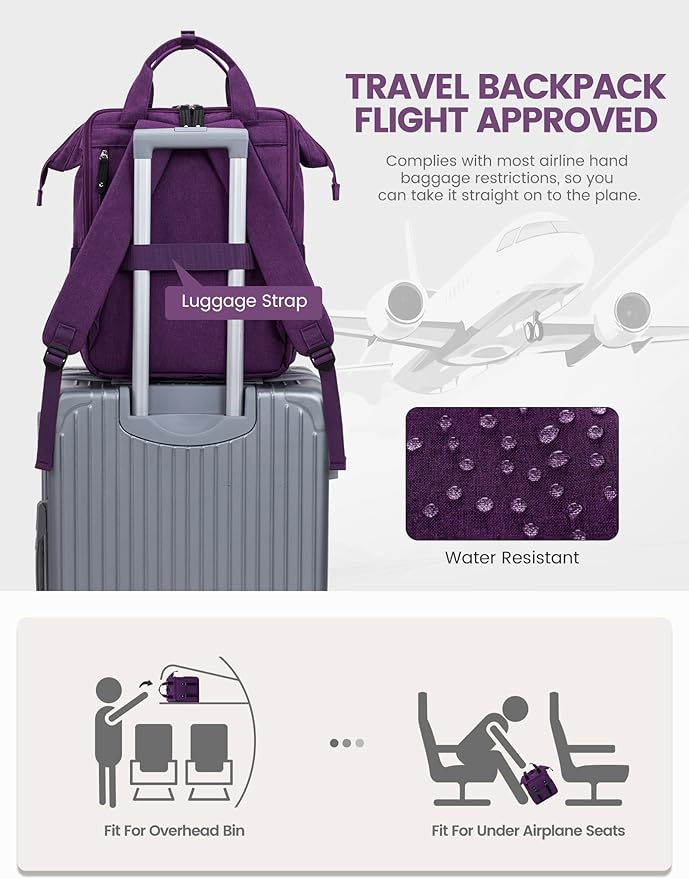 LOVEVOOK Laptop Backpack for Women, Nurse Bag Teacher Work Backpack Purse, Water Resistant Travel Backpack with Separate Laptop Compartment, College Back pack, 15.6 Inch - Purple, Upgraded