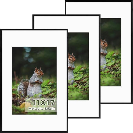 Golden State Art 11x17 Picture Frame 3 Pack - Aluminum Frames with 8x12 Removable Mats & Real Glass, Display 11x17 Posters or 8x12 Photos - Black Gallery Wall Frames for Home Office Decor