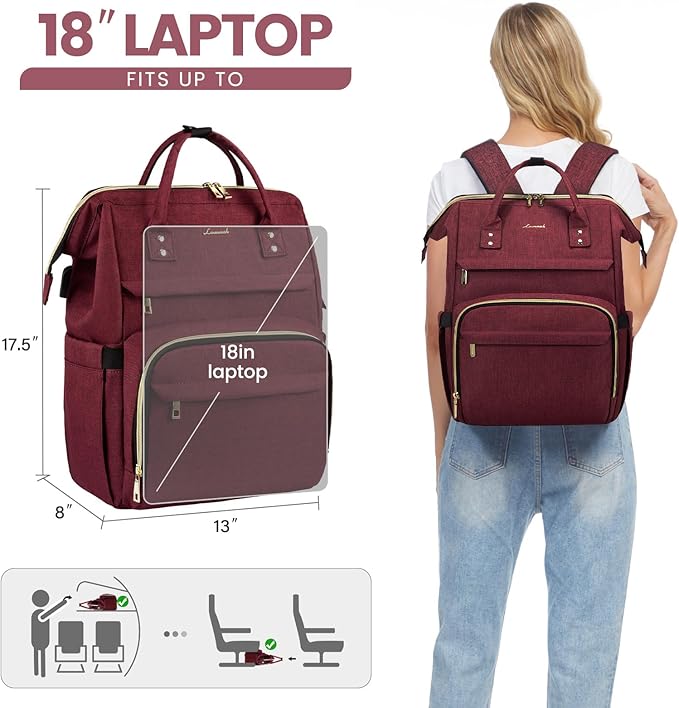 LOVEVOOK Laptop Backpack for Women,18 Inch Professional Womens Travel Backpack Purse Computer Laptop Bag Nurse Teacher Backpack,Waterproof College Work Bags Carry on Back Pack with USB Port,Wine Red