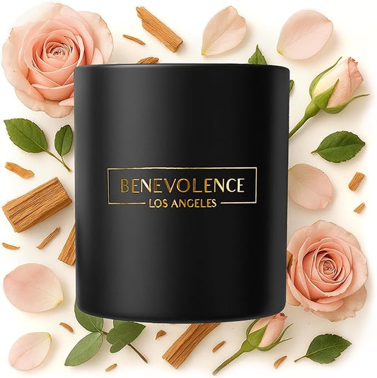 Benevolence LA Rose & Sandalwood Scented Candle | Soy Candles, Black Candle for Home | Gifts for Women and Men | Home Fragrance | Aromatherapy | 8oz, 45 Hour Burn