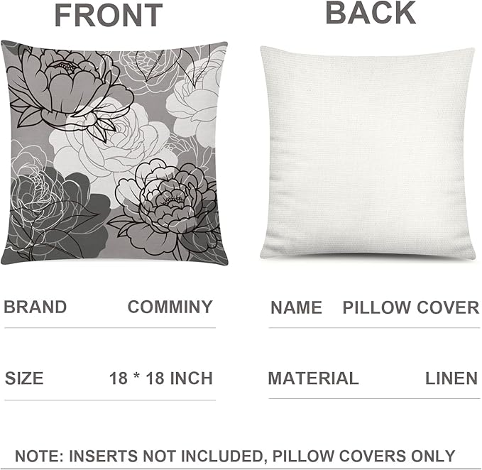 COMMINY Grey Pillow Covers 18x18 Set of 6 Decorative Daisy Flower Throw Pillow Cover for Couch Modern Cushion Cover for Patio Living Room Cushion Bed Farmhouse Home Decor