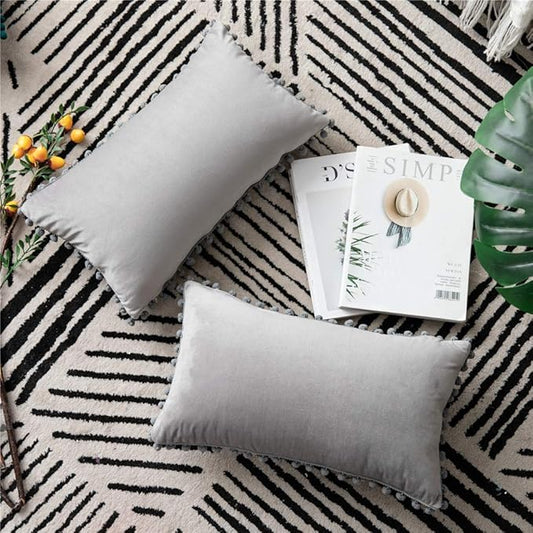 DEZENE Decorative Pillow Cases 12x20 Light-Grey: 2 Pack Cozy Soft Pom-poms Velvet Rectangular Throw Pillow Covers for Farmhouse Home Decor