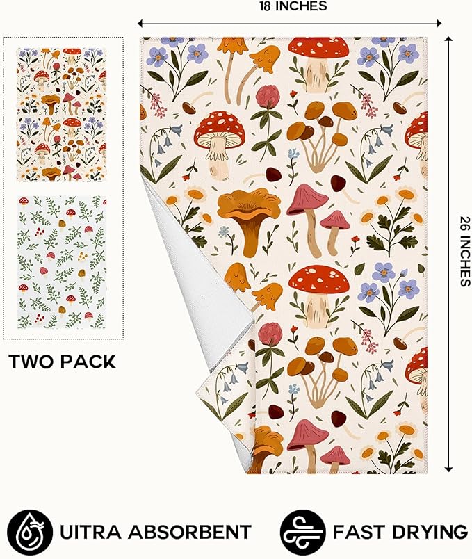 Microfiber Kitchen Towels - Set of 2 Dish Towels for Kitchen 18 x 26 Inch Home Decoration Mushroom Leaf Cute Spring Hand Towels Soft & Absorbent Aesthetic Design