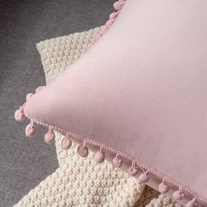 DEZENE 18x18 Throw Pillow Covers Pink: 2 Pack Cozy Soft Pom-poms Velvet Square Decorative Pillow Cases for Farmhouse Home Decor