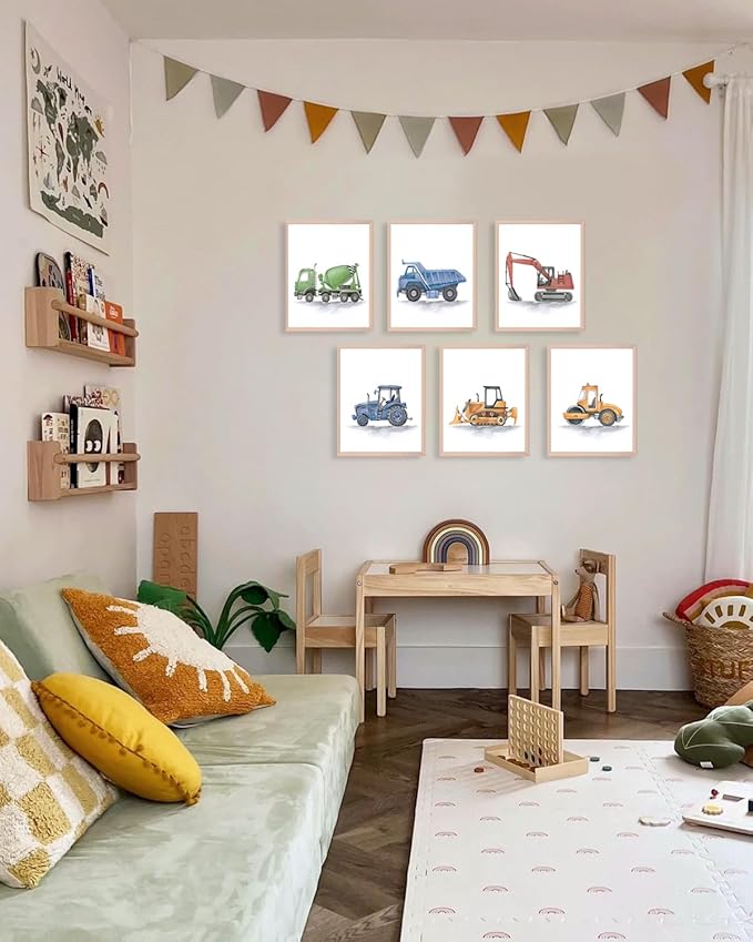 ASTRDECOR Construction Room Decor for Boys, Boys Nursery Decor, Toddler Boy Room Decor, Playroom Wall Art Watercolour Truck Prints for Kids Room, Car Pictures Wall Decor for Playroom, Nursery, Bedroom, Truck Vehicles Posters - 8"x10"x6PCS, Unframed
