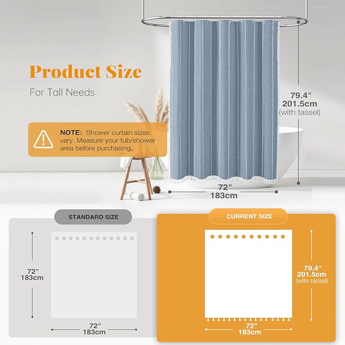 BTTN 78 Inch Long Shower Curtain - Boho Farmhouse Linen Striped Fabric Shower Curtain Set with Tassel, Tall Rustic Country Water Repellent Cloth Shower Curtains Set for Bathroom with Hook, 72x78, Blue