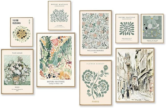 Sage Green Wall Art Prints Eclectic Decor, ASTRDECOR 9 PCS Sage Green Wall Decor Aesthetic, Green Matisse Wall Art Exhibition Poster Set, Bathroom, Hallway- Unframed