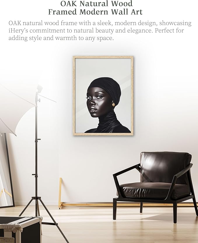 iHery Natural OAK Wood Fashion Black Girl Framed Wall Art, 12x16 in Black and White Modern Hijabi Canvas Wall Decor, Trendy Afro Art Bedroom Decor, Set of 1 For Bathroom Living Room