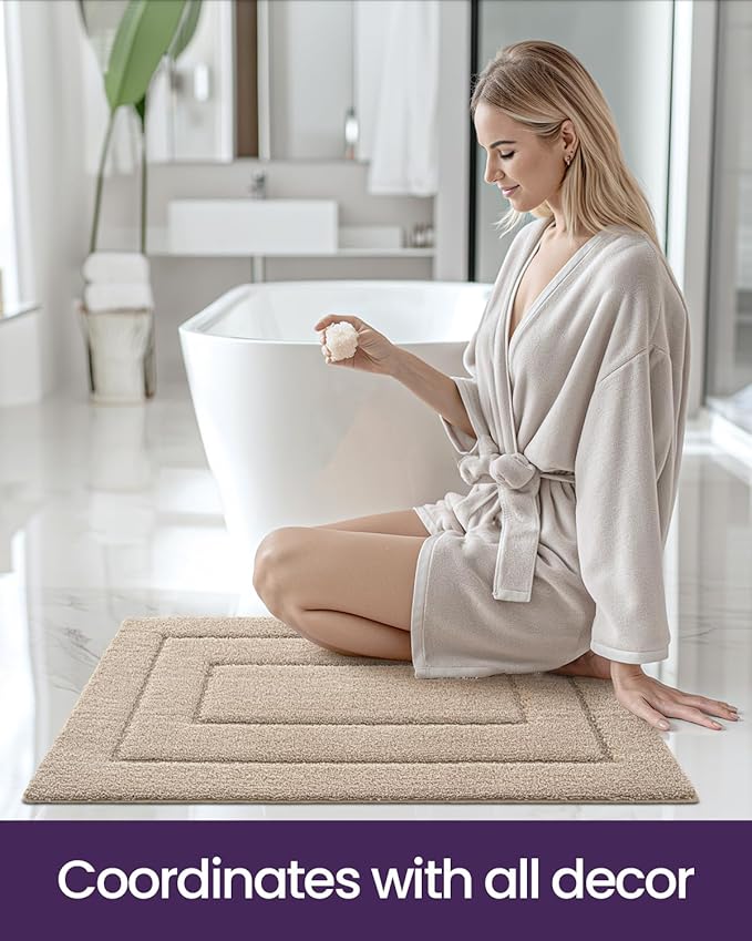 DEXI Bathroom Rug Set 4 Piece 24x16, Non Slip Washable Bath Mat for Shower Floor, Absorbent Soft Bathmat with Rubber Backing, Quick Dry Microfiber Carpet, Beige