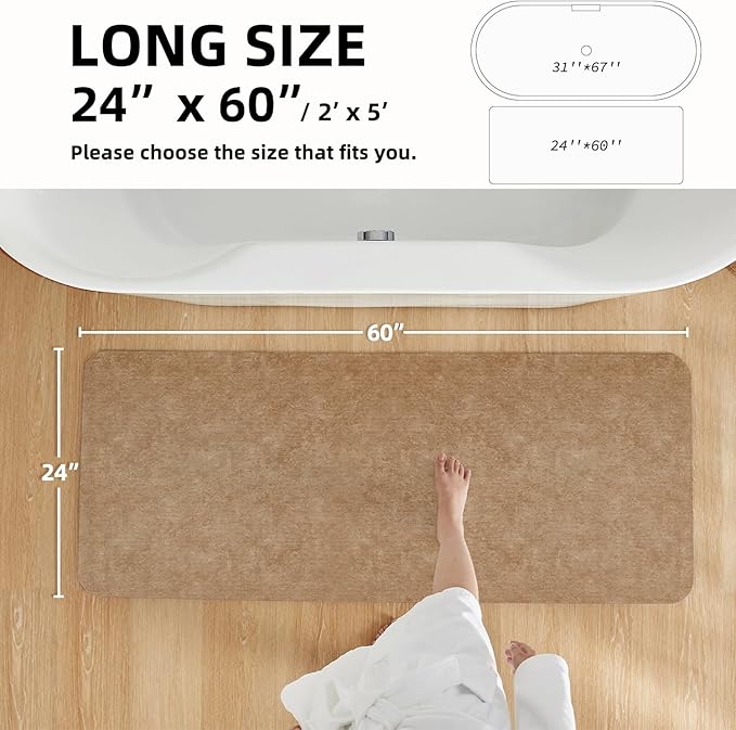 Bathroom Mat Quick Dry, Bathroom Rugs Non Slip Washable Thin Absorbent Bath Mat Fits Under Door Bathroom Floor Mat Perfect for Bath, Shower, or Sink 24"x60" Camel