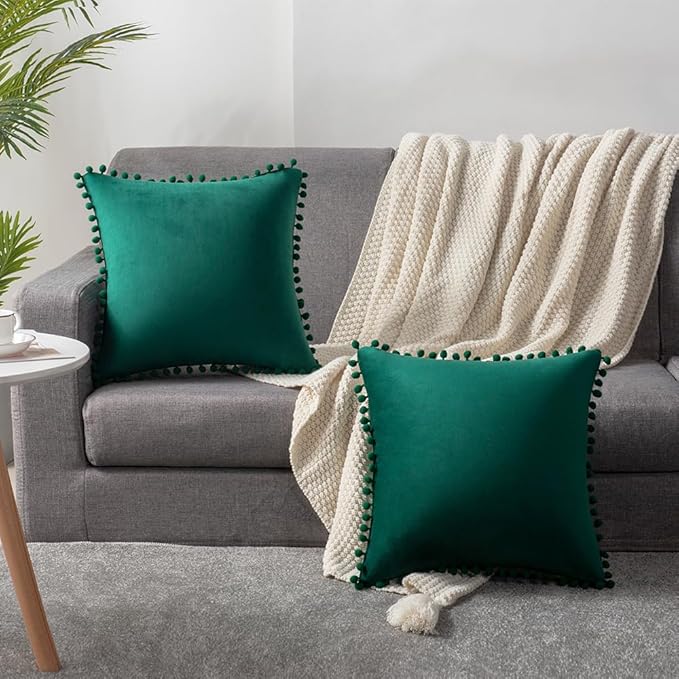 DEZENE Decorative Pillow Covers 16x16 Green: 2 Pack Cozy Soft Pom-poms Velvet Square Throw Pillow Cases for Farmhouse Home Decor