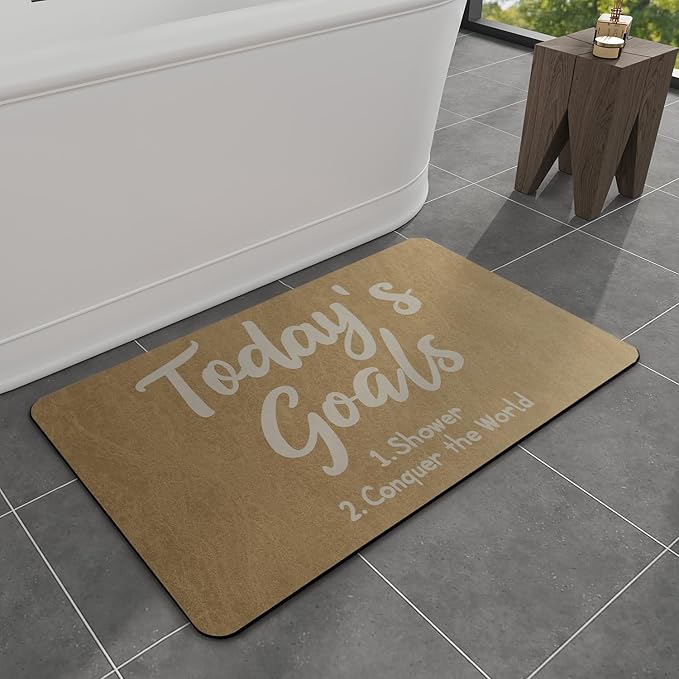 MontVoo -Bath Mat Rug- Non Slip Quick Dry Absorbent Thin Bathroom Rugs Fit Under Door-Faux Suede Surface Bathroom Floor Mats-Shower Rug for in Front of Bathtub Shower 17 X27.5 Camel Text Pattern