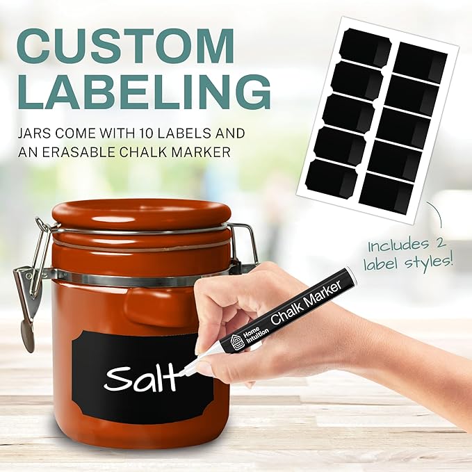 Home Intuition Ceramic Kitchen Canisters Set of 4 with Wooden Spoon Set – Airtight Containers, Metal Latches for Utmost Freshness – Sugar, Coffee, Flour, Tea & More | Rust