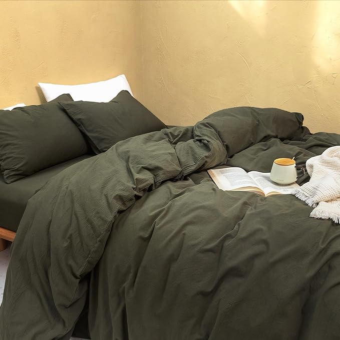 FOSSA Duvet Cover Set 100% Washed Cotton Linen Feel Super Soft Breathable Cozy 3 Pieces Bedding Sets Solid Olive Green Oversized King