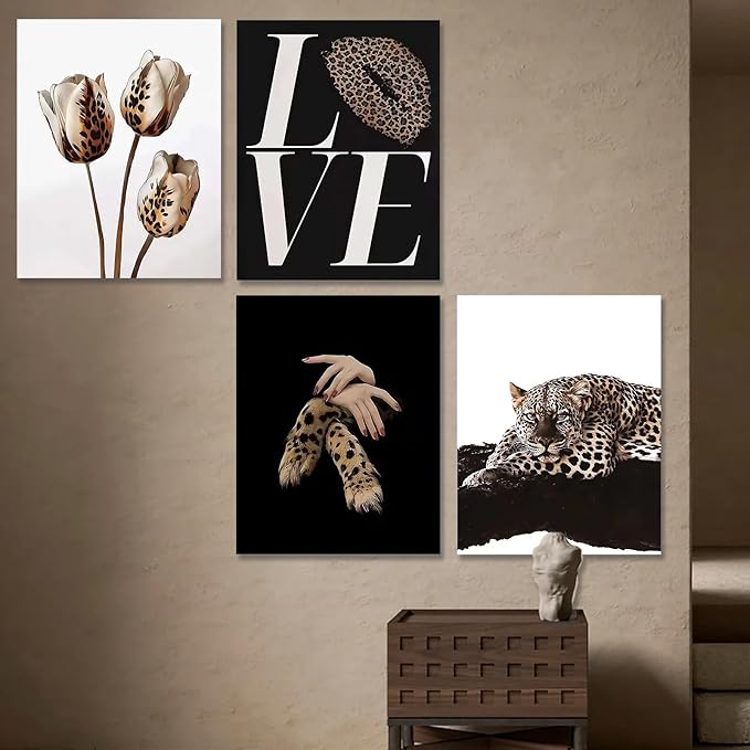 Kousne 4PCS Black and Gold Leopard Rose Print stockholm cheetah Poster Set Trendy Women’s Aesthetic Wall Art Canvas Prints Decor for Bedroom Living Room Office Beauty Salon Unframed 8x10 Inch