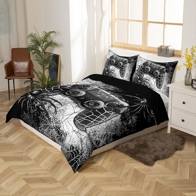 Boys Gamer Gamepad Duvet Cover Set Full Size Kids Teen Man Gaming Theme Bedding Sets 3 Pcs for Room Decor, Fashion Spider Halloween Comforter Cover with 2 Pillowcases (No Comforter) Black Grey