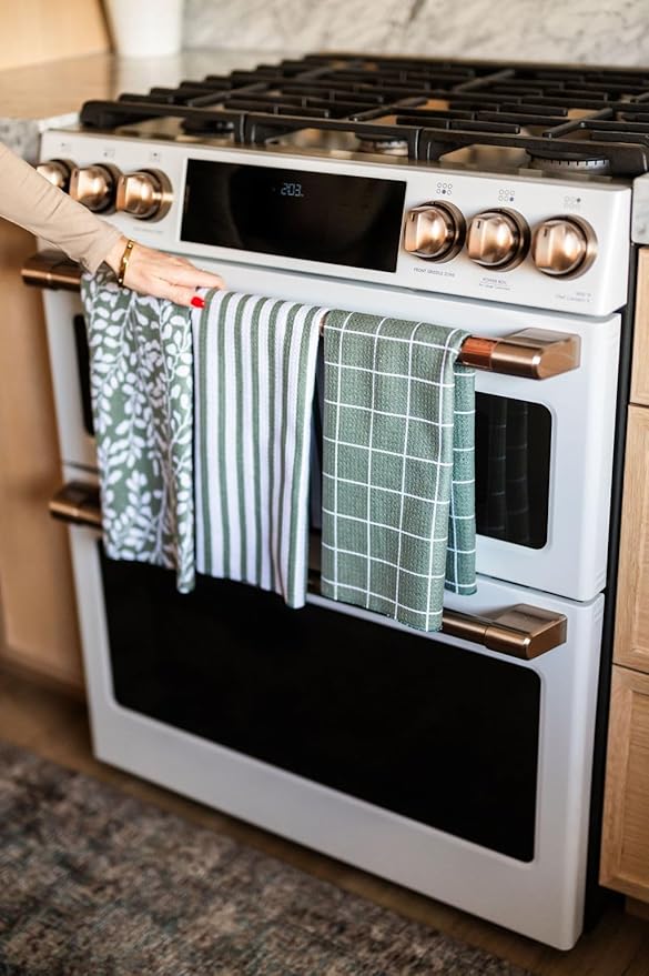 || 3 Pack|| Double Sided || Not Your Ordinary Dish Towels || Waffle Weave Microfiber || Highly Absorbent || Hanging Loop || Dish Cloths || Modern || Designer Prints || Green Stripe