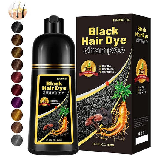 Instant Black Hair Dye Shampoo, Natural 3-in-1 for Gray Coverage in 10-15 mins, Long-Lasting Color Effect for Women and Men, 16.9 Fl Oz (Black)
