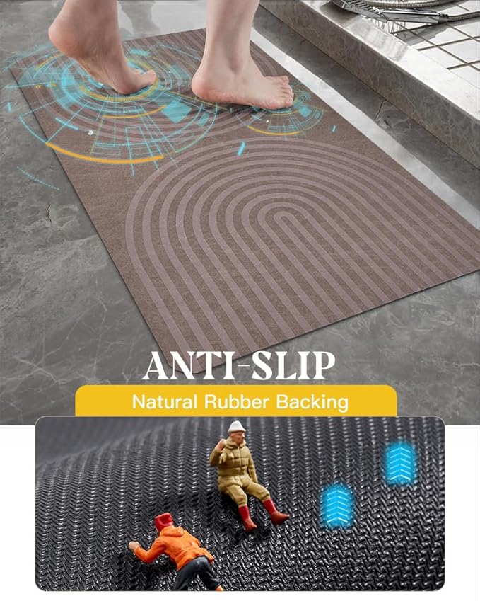 MontVoo -Bath Mat-Non Slip Thin Bathroom Rugs Fit Under Door- Quick Dry Absorbent Faux Suede Surface Grey Bathroom Floor Mats-Shower Rug for in Front of Bathtub Shower Brown Arched 17x27.5