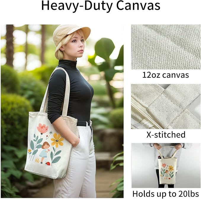 Canvas Tote Bag for Women, Aesthetic Tote Bag with Zipper Pocket for Grocery Travel Work Gift, Canvas Shopping Bag