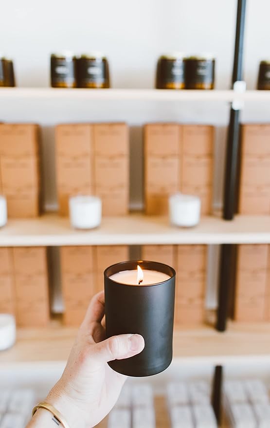 Calyan Wax Co. Soy Wax Candle, Musk + Teakwood Scented Candle, 75 Hour Burn Time, Aromatherapy Soy Candles, Non Toxic & Vegan Soy Wax, Black Tumbler Scented Candles, 10.2oz