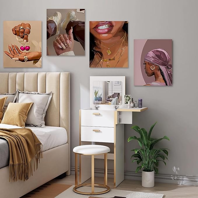 4 PCS Fashion Black Woman Aesthetic Poster Set Empowering Trendy Wall Art Abstract Black Girl Painting Magic Canvas Picture Prints for Bedroom Living Room Beauty Salon Office Decor 8x10 Inch Unframe