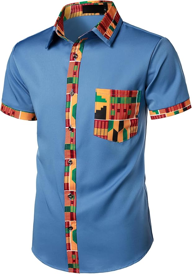 ZEROYAA Men's African Printed Patchwork Design Short Sleeve Button up Shirt