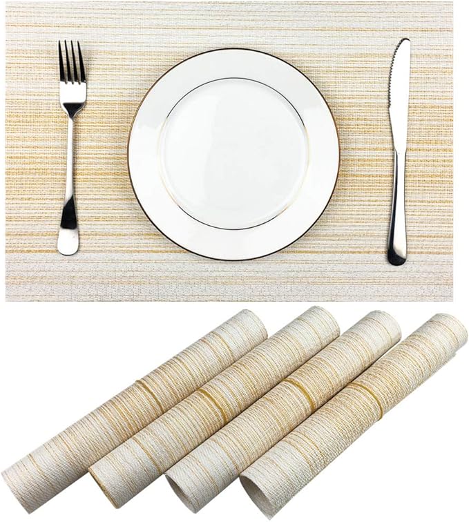 Placemat,Blending Color Durable Woven Vinyl Placemat Washable Heat-Resistant Anti-Skid Kitchen Dining Table Mats (Set of 4, Yellow with White)
