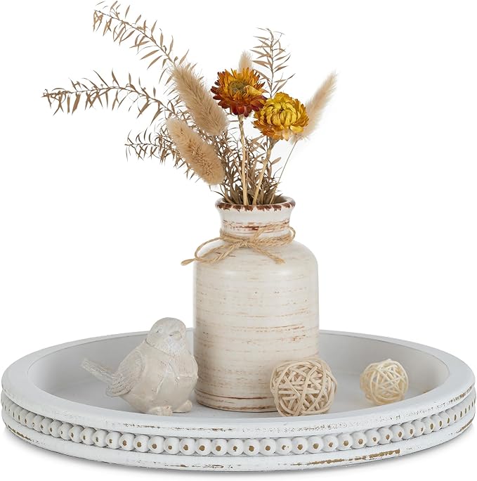 Hanobe Candle Tray Holder Decorative: Round Coffee Table Home Decor Centerpiece Boho White Serving Trays for Living Room Kitchen