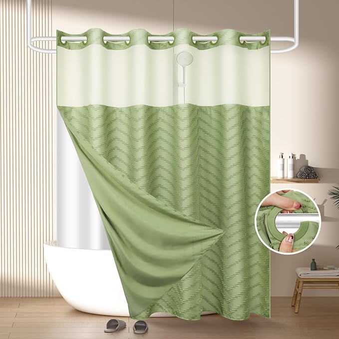 No Hook Shower Curtain and Snap in Liner Set Sage Green Tufted Chevron Striped Cloth Waterproof Washable Fabric Boho Bath Curtain with See Through Mesh Top Window for Bathroom Hotel 71" x 74"