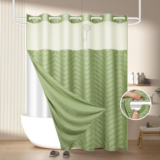 No Hook Shower Curtain and Snap in Liner Set Sage Green Tufted Chevron Striped Cloth Waterproof Washable Fabric Boho Modern Bath Curtain See Through Mesh Top Window for Bathroom Hotel 71" x 86"