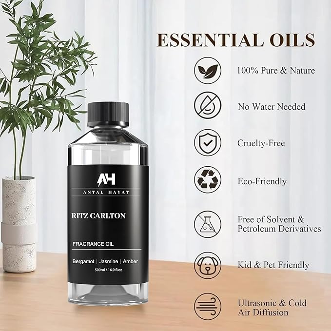 Hotel Diffuser Oil Inspired by The Ritz Carlton Hotel 500ml - Diffuser Oil Blends for Aromatherapy - Notes of Bergamot, Jasmine & Amber - Premium Fragrance Oil for Ultrasonic and Waterless Diffusers