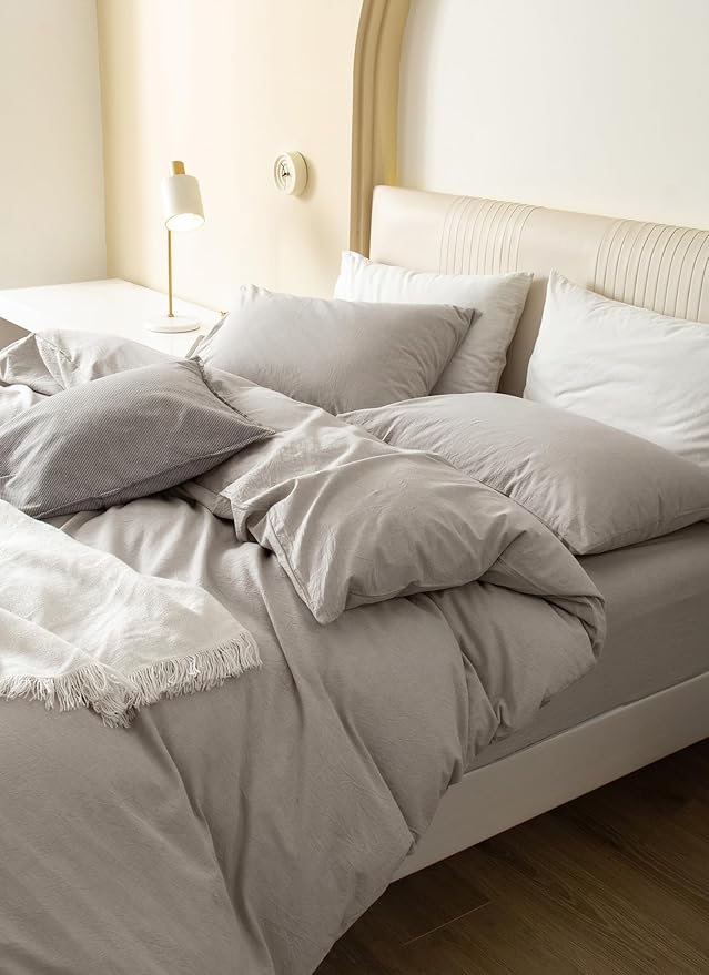 JIYUAN 100% Washed Cotton Duvet Cover Set 3 Pieces King, 1 Duvet Cover 104x90 Inches(Comforter Not Included) and 2 Pillowcases,Linen Feel Bedding Set Comfy and Breathable, Heathered Cream Grey